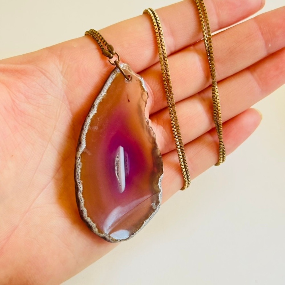 VTG Pink Agate Slice Semi Precious Gemstone Necklace Natural Collar 34"L‎